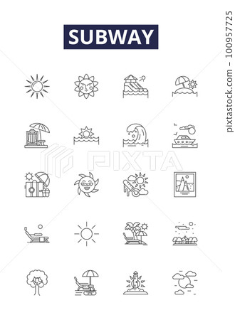 Subway line vector icons and signs. subway-train, underground, metro, subway-line, transit, commuter, subway-system, rail outline vector illustration set 100957725