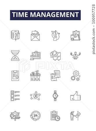 Time management line vector icons and signs. Organizing, Prioritizing, Planning, Delegating, Streamlining, Allocating, Blocking, Concentrating outline vector illustration set Time management line vector icons and signs. Organizing, Prioritizing, Planning, Delegating, Streamlining, Allocating, Blocking, Concentrating outline vector illustration set 100957728