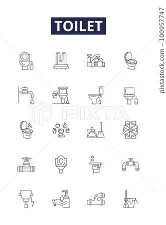 Toilet line vector icons and signs. Lavatory, Sink, Porcelain, Plumbing, Commode, Washroom, Urinal, Drain outline vector illustration set 100957747