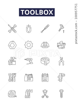 Toolbox line vector icons and signs. Chest, Kit, Box, Garage, Workbench, Wrench, Sockets, Screwdrivers outline vector illustration set Toolbox line vector icons and signs. Chest, Kit, Box, Garage, Workbench, Wrench, Sockets, Screwdrivers outline vector illustration set 100957751