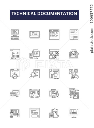 Technical documentation line vector icons and signs. Guide, Help, Support, Tutorial, Knowledgebase, Manuals, Directives, Specifications outline vector illustration set Technical documentation line vector icons and signs. Guide, Help, Support, Tutorial, Knowledgebase, Manuals, Directives, Specifications outline vector illustration set 100957752