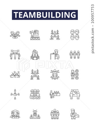 Teambuilding line vector icons and signs. Collaboration, Engagement, Unify, Bonding, Camaraderie, Friendship, Synergy, Networking outline vector illustration set 100957753