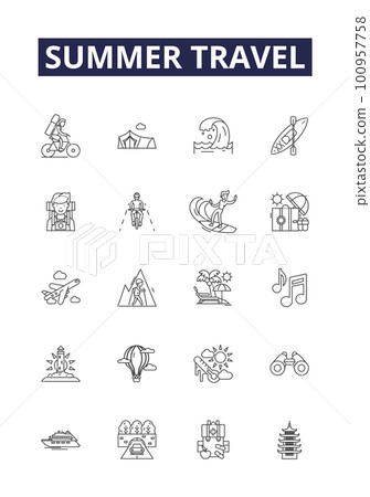 Summer travel line vector icons and signs. Holidays, Sightseeing, Adventures, Exploring, Trekking, Wilderness, Scenic, Cruise outline vector illustration set 100957758