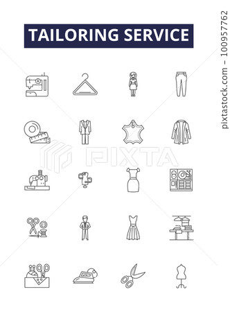 Tailoring service line vector icons and signs. Alteration, Fitting, Sewing, Custom, Clothes, Garment, Hemming, Clothing outline vector illustration set Tailoring service line vector icons and signs. Alteration, Fitting, Sewing, Custom, Clothes, Garment, Hemming, Clothing outline vector illustration set 100957762