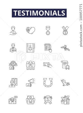 Testimonials line vector icons and signs. Endorsements, References, Quotes, Feedback, Accounts, Praise, Opinions, Statements outline vector illustration set 100957771