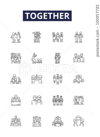 Together line vector icons and signs. Unison, Harmonious, Unified, Cooperative, Jointly, Companionable, United, Solidarity outline vector illustration set 100957785