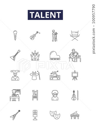 Talent line vector icons and signs. Gifted, Skilled, Experienced, Faculties, Proficiency, Lexicon, Competence, Aptitude outline vector illustration set 100957790