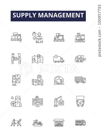 Supply management line vector icons and signs. Sourcing, Logistics, Distribution, Vendor, Inventory, Production, Control, Planning outline vector illustration set Supply management line vector icons and signs. Sourcing, Logistics, Distribution, Vendor, Inventory, Production, Control, Planning outline vector illustration set 100957793
