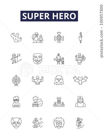 Super hero line vector icons and signs. Avengers, Hero, Masked, Superman, Batman, Wonder, Spiderman, Incredible outline vector illustration set Super hero line vector icons and signs. Avengers, Hero, Masked, Superman, Batman, Wonder, Spiderman, Incredible outline vector illustration set 100957800