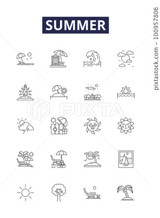 Summer line vector icons and signs. Heat, Vacation, Swim, Play, Outdoors, Breeze, Sunlight, Sand outline vector illustration set Summer line vector icons and signs. Heat, Vacation, Swim, Play, Outdoors, Breeze, Sunlight, Sand outline vector illustration set 100957806