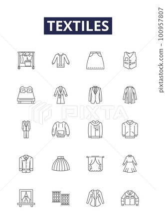 Textiles line vector icons and signs. Cloth, Garment, Linen, Woollen, Yarn, Cotton, Thread, Weave outline vector illustration set Textiles line vector icons and signs. Cloth, Garment, Linen, Woollen, Yarn, Cotton, Thread, Weave outline vector illustration set 100957807