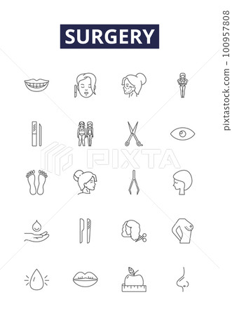 Surgery line vector icons and signs. Surgical, resect, graft, remove, incise, repair, implant, excision outline vector illustration set Surgery line vector icons and signs. Surgical, resect, graft, remove, incise, repair, implant, excision outline vector illustration set 100957808