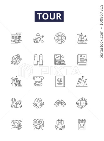 Tour line vector icons and signs. Journey, Expedition, Excursion, Voyage, Travel, Safari, Itinerary, Touring outline vector illustration set 100957815