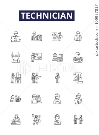 Technician line vector icons and signs. Engineer, Technician, Specialist, Repairman, Serviceperson, Craftsman, Installer, Analyst outline vector illustration set Technician line vector icons and signs. Engineer, Technician, Specialist, Repairman, Serviceperson, Craftsman, Installer, Analyst outline vector illustration set 100957817