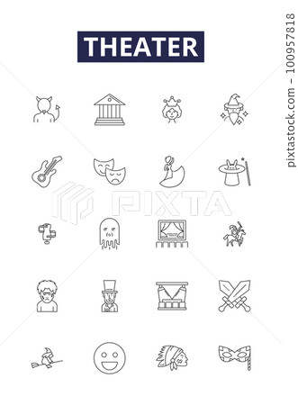Theater line vector icons and signs. Stage, Drama, Acting, Play, Dramatic, Perform, Curtain,Audience outline vector illustration set 100957818