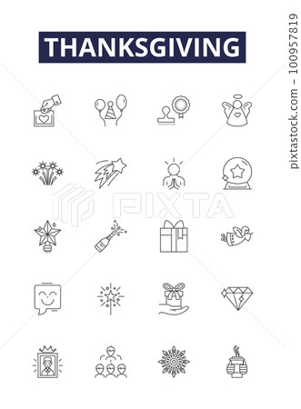 Thanksgiving line vector icons and signs. stuffing, cranberry, harvest, pumpkin, festivities, family, gratitude, autumn outline vector illustration set 100957819