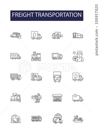 Freight transportation line vector icons and signs. Transportation, Shipping, Carriage, Haulage, Logistics, Delivery, Load, Dispatch outline vector illustration set Freight transportation line vector icons and signs. Transportation, Shipping, Carriage, Haulage, Logistics, Delivery, Load, Dispatch outline vector illustration set 100957820
