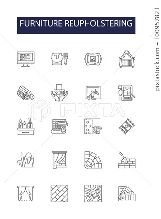 Furniture reupholstering line vector icons and signs. Furniture, Upholstery, Refurbish, Renew, Chair, Sofa, Cushion, Recover outline vector illustration set 100957821