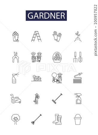 Gardner line vector icons and signs. Horticulturist, Cultivator, Planter, Cultivate, Prune, Weed, Lawn, Garden outline vector illustration set 100957822
