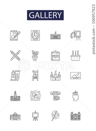 Gallery line vector icons and signs. Picture, Photograph, Museum, Exhibit, Hall, Room, Collection, Archive outline vector illustration set Gallery line vector icons and signs. Picture, Photograph, Museum, Exhibit, Hall, Room, Collection, Archive outline vector illustration set 100957823