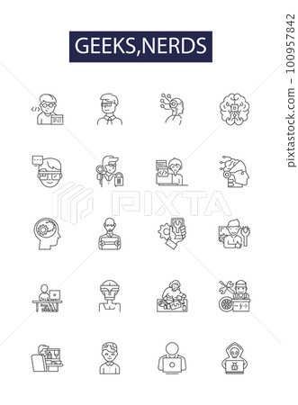 Geeks,nerds line vector icons and signs. Nerds, STEM, Technology, Coders, Programmers, Scientists, Computers, Mathematics outline vector illustration set 100957842