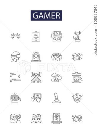 Gamer line vector icons and signs. Player, Console, PC, Videogame, Challenge, Adventure, Online, Strategy outline vector illustration set 100957843