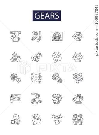 Gears line vector icons and signs. Ratchet, Wheels, Sprockets, Pulley, Axle, Shaft, Facettes, Worms outline vector illustration set Gears line vector icons and signs. Ratchet, Wheels, Sprockets, Pulley, Axle, Shaft, Facettes, Worms outline vector illustration set 100957845