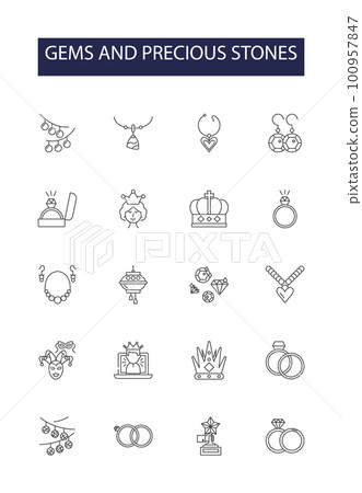 Gems and precious stones line vector icons and signs. Rubies, Sapphires, Emeralds, Opals, Amethysts, Topaz, Jade, Aquamarine outline vector illustration set Gems and precious stones line vector icons and signs. Rubies, Sapphires, Emeralds, Opals, Amethysts, Topaz, Jade, Aquamarine outline vector illustration set 100957847