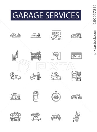 Garage services line vector icons and signs. Maintenance, Installation, Automotive, Door, Walls, Ceiling, Paint, Cleaning outline vector illustration set Garage services line vector icons and signs. Maintenance, Installation, Automotive, Door, Walls, Ceiling, Paint, Cleaning outline vector illustration set 100957853