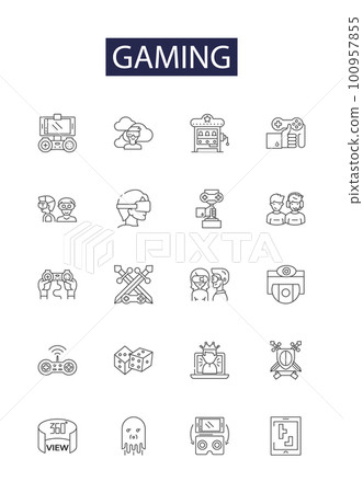 Gaming line vector icons and signs. Video, Console, Online, VR, eSports, Adventure, Strategy, Puzzle outline vector illustration set Gaming line vector icons and signs. Video, Console, Online, VR, eSports, Adventure, Strategy, Puzzle outline vector illustration set 100957855