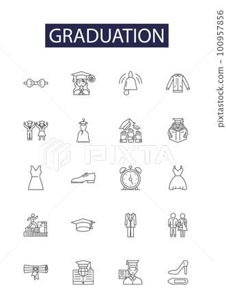 Graduation line vector icons and signs. Celebration, Graduate, Degree, Education, Finale, Cap, Gown, Diploma outline vector illustration set Graduation line vector icons and signs. Celebration, Graduate, Degree, Education, Finale, Cap, Gown, Diploma outline vector illustration set 100957856