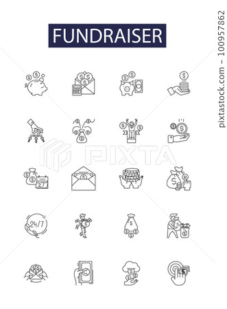 Fundraiser line vector icons and signs. Sponsor, Campaign, Charity, Fund, Appeal, Event, Pledge, Grant outline vector illustration set 100957862