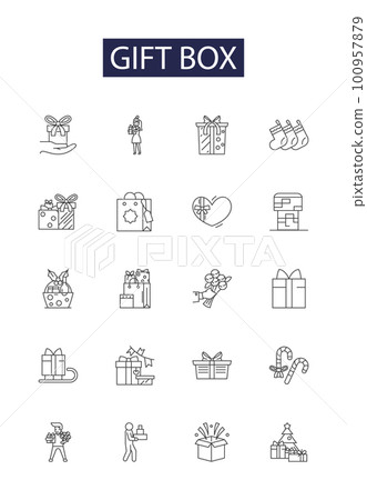 Gift box line vector icons and signs. Presentbox, Packaging, Wrapbox, Presentation, Wrapping, Container, Giftwrap, Giftbag outline vector illustration set 100957879