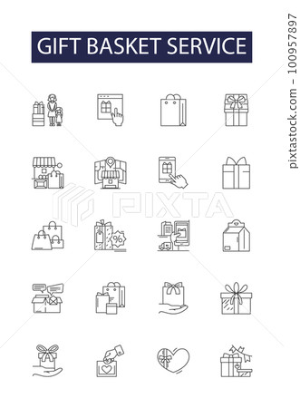 Gift basket service line vector icons and signs. Basket, Service, Hamper, Package, Delivery, Custom, Christmas, Birthday outline vector illustration set Gift basket service line vector icons and signs. Basket, Service, Hamper, Package, Delivery, Custom, Christmas, Birthday outline vector illustration set 100957897