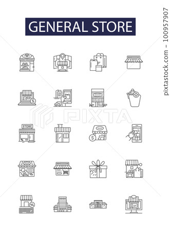 General store line vector icons and signs. Store, Grocery, Retailer, Shop, Storefront, Trading, Marketplace, Outlet outline vector illustration set General store line vector icons and signs. Store, Grocery, Retailer, Shop, Storefront, Trading, Marketplace, Outlet outline vector illustration set 100957907