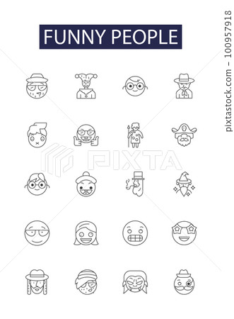 Funny people line vector icons and signs. Amusing, Witty, Jocular, Comical, Ridiculous, Comedic, Jesting, Zany outline vector illustration set Funny people line vector icons and signs. Amusing, Witty, Jocular, Comical, Ridiculous, Comedic, Jesting, Zany outline vector illustration set 100957918