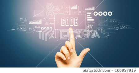 Code theme with hand pressing a button 100957919