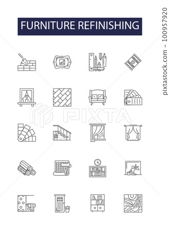 Furniture refinishing line vector icons and signs. Furniture, Stripping, Staining, Repairing, Painting, Sanding, Refurbishing, Polishing outline vector illustration set 100957920