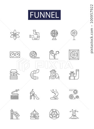 Funnel line vector icons and signs. Funneling, Spout, Narrow, Conical, Drain, Nip, Chute, Ingest outline vector illustration set Funnel line vector icons and signs. Funneling, Spout, Narrow, Conical, Drain, Nip, Chute, Ingest outline vector illustration set 100957922