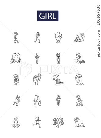 Girl line vector icons and signs. Female, Woman, Young, Daughter, Womanhood, Feminine, Maiden, Lass outline vector illustration set 100957930