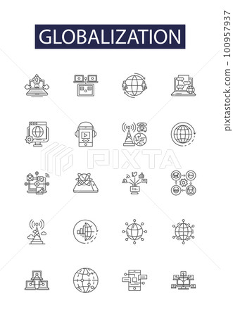 Globalization line vector icons and signs. Economic, Trade, Connectivity, Interdependence, Transnational, Fusion, Expanding, Mobility outline vector illustration set Globalization line vector icons and signs. Economic, Trade, Connectivity, Interdependence, Transnational, Fusion, Expanding, Mobility outline vector illustration set 100957937