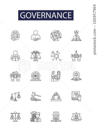 Governance line vector icons and signs. Govern, Regulate, Rule, Direct, Oversee, Supervise, Manage, Control outline vector illustration set Governance line vector icons and signs. Govern, Regulate, Rule, Direct, Oversee, Supervise, Manage, Control outline vector illustration set 100957964