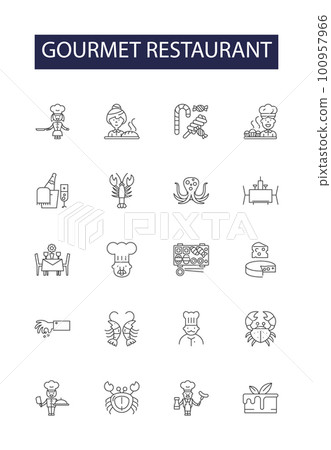 Gourmet restaurant line vector icons and signs. Cuisine, Finest, Gourmet, Delicacy, Palatable, Rare, Fancy, Upscale outline vector illustration set 100957966