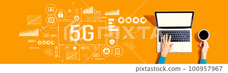 5G network theme with person using a laptop 5G network theme with person using a laptop 100957967