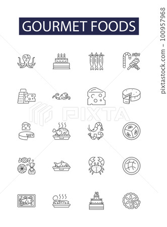 Gourmet foods line vector icons and signs. foods, organic, exotic, culinary, fresh, luxury, premium, sustainably-sourced outline vector illustration set Gourmet foods line vector icons and signs. foods, organic, exotic, culinary, fresh, luxury, premium, sustainably-sourced outline vector illustration set 100957968