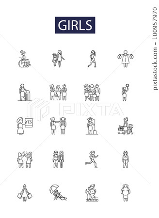 Girls line vector icons and signs. Females, Women, Ladies, Teens, Adolescents, Chicks, Maiden, Damsel outline vector illustration set Girls line vector icons and signs. Females, Women, Ladies, Teens, Adolescents, Chicks, Maiden, Damsel outline vector illustration set 100957970