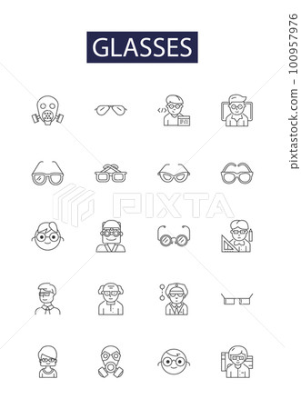Glasses line vector icons and signs. Goggles, Eyewear, Lens, Shades, Oculists, Visors, Frames, Monocles outline vector illustration set 100957976