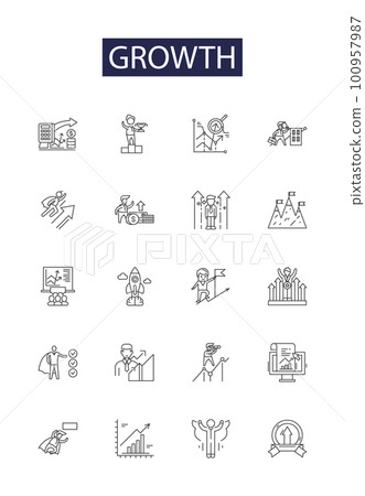 Growth line vector icons and signs. Increase, Advancement, Development, Augmentation, Amplification, Accretion, Proliferation, Prosperity outline vector illustration set 100957987