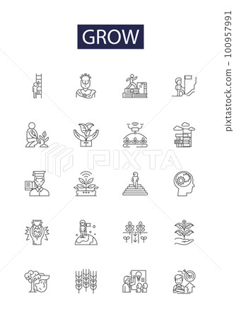 Grow line vector icons and signs. Strengthen, Cultivate, Progress, Generate, Increase, Boost, Improve, Elevate outline vector illustration set 100957991