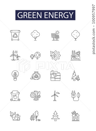 Green energy line vector icons and signs. wind, hydroelectric, geothermal, biomass, biogas, tidal, hydrogen, nuclear outline vector illustration set 100957997